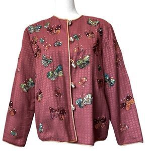 Alex Kim Pink Embroidered Jacket Butterfly Toggle Art Deco Cotton Pink SZ PM
